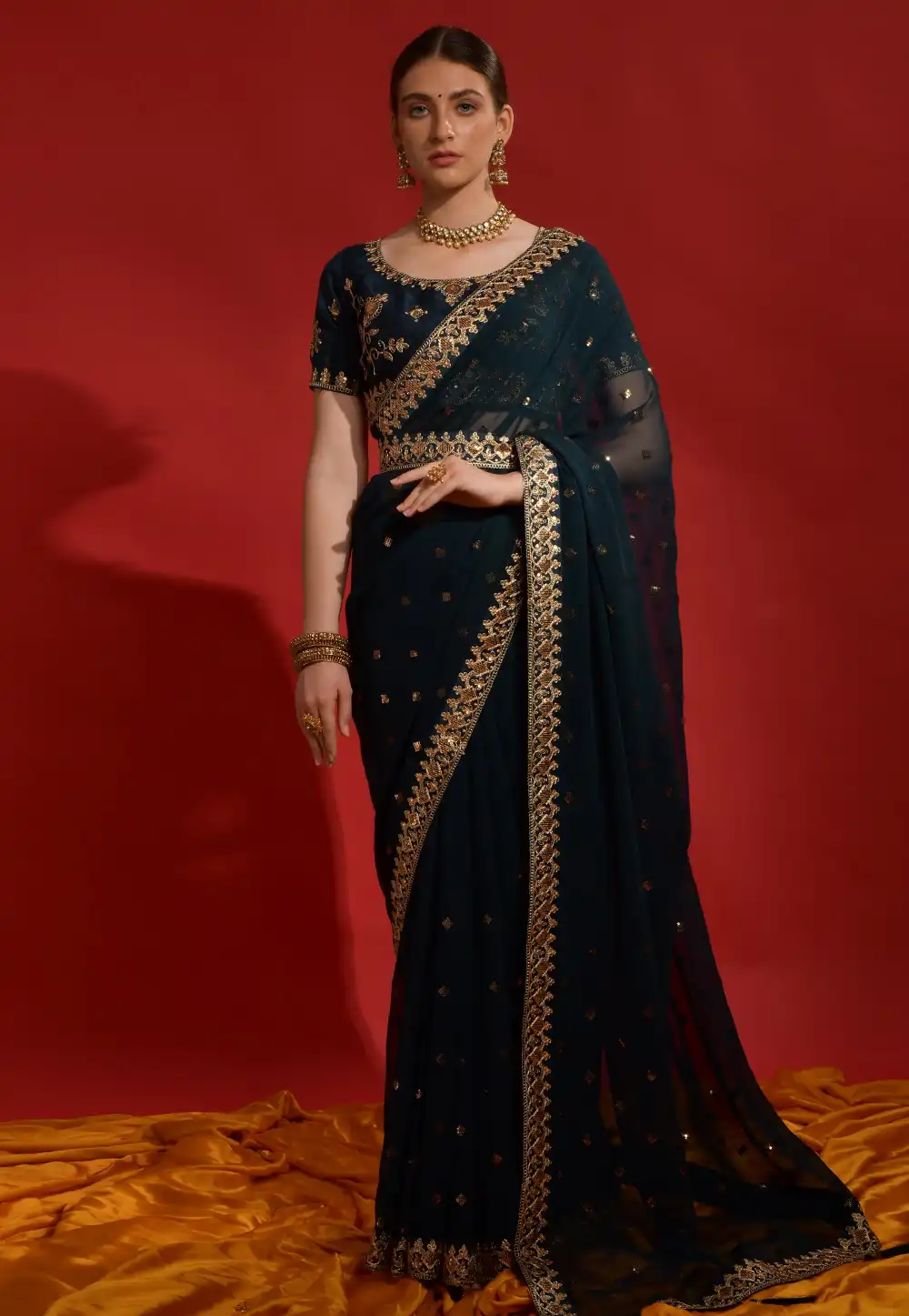 Teal Georgette Saree With Blouse 291484