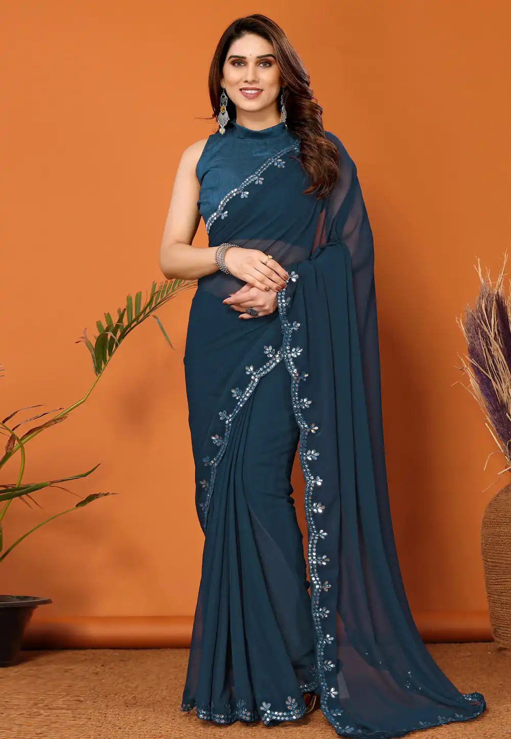 Teal Georgette Saree With Blouse 291258