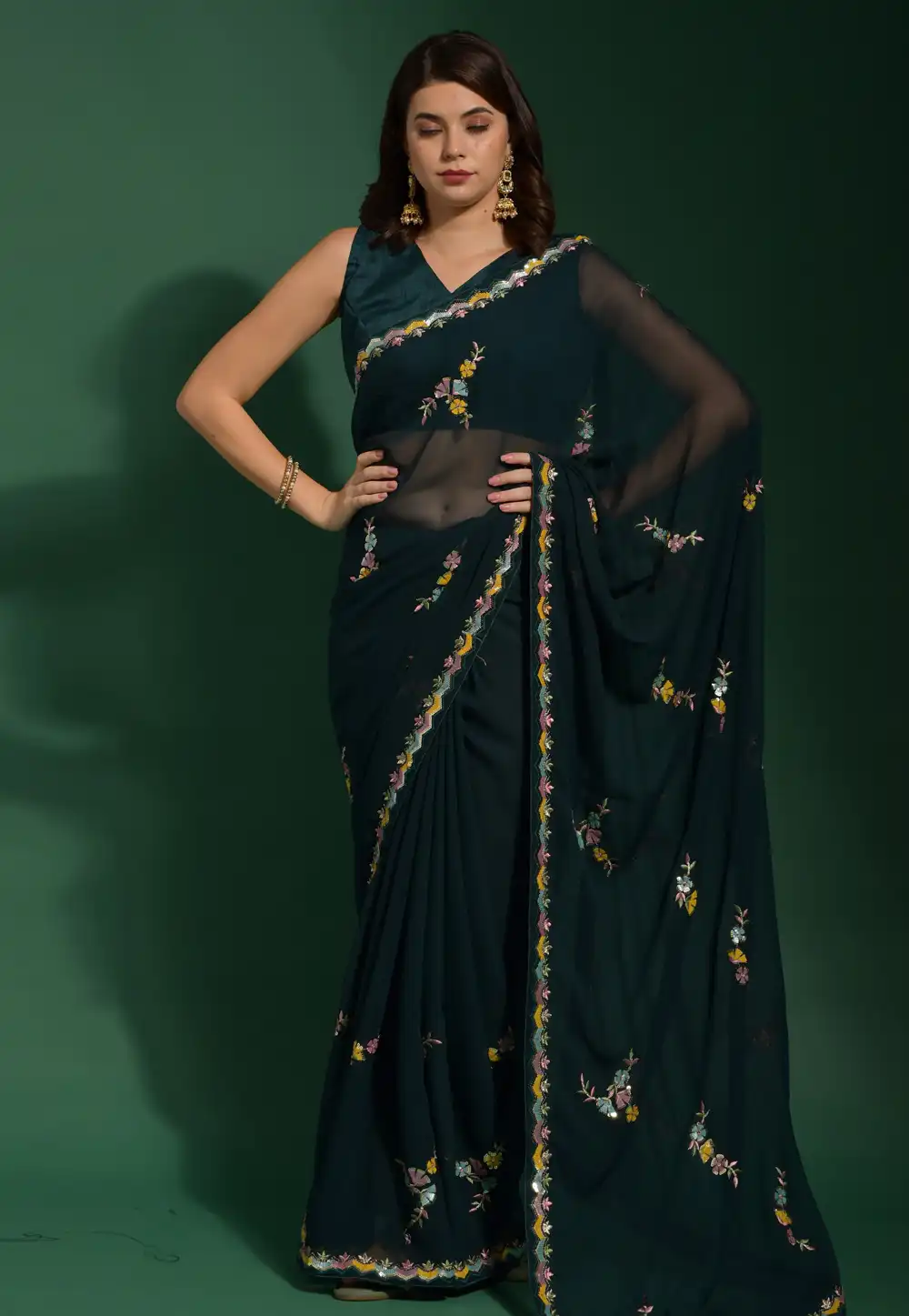 Teal Georgette Saree With Blouse 291452