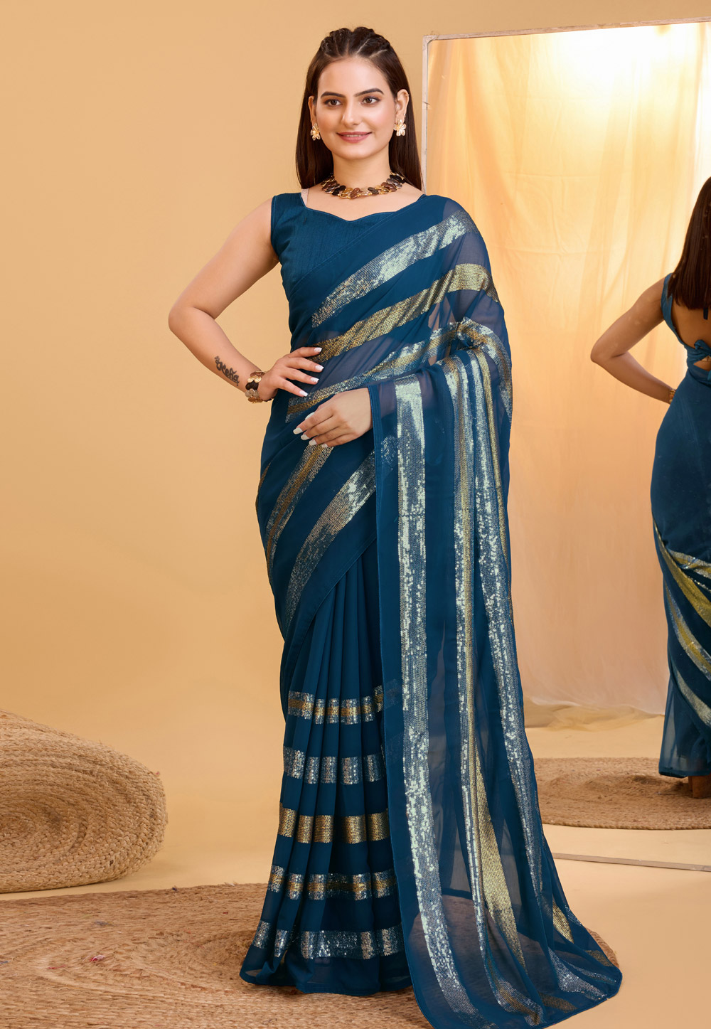 Teal Georgette Sequence Saree 283762