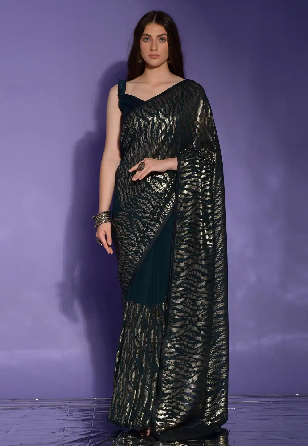 Teal Georgette Sequence Saree 291471