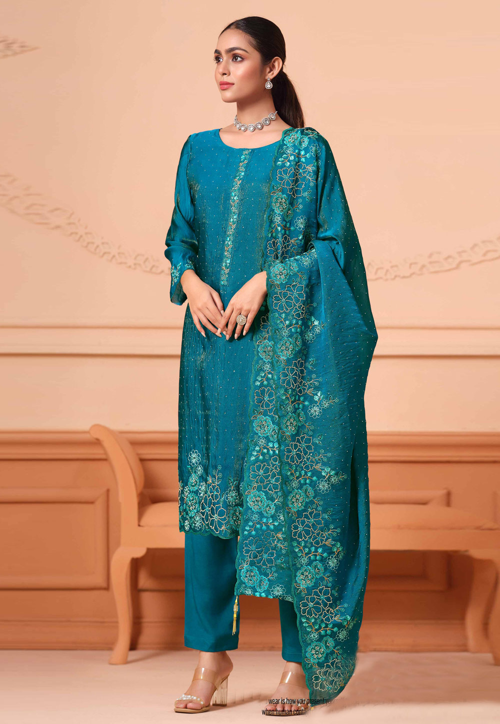 Teal Georgette Straight Suit 308927