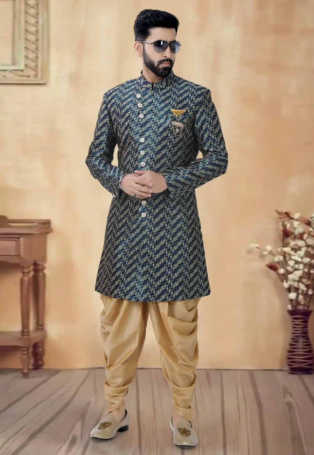 Teal Jacquard Dhoti Sherwani 292417