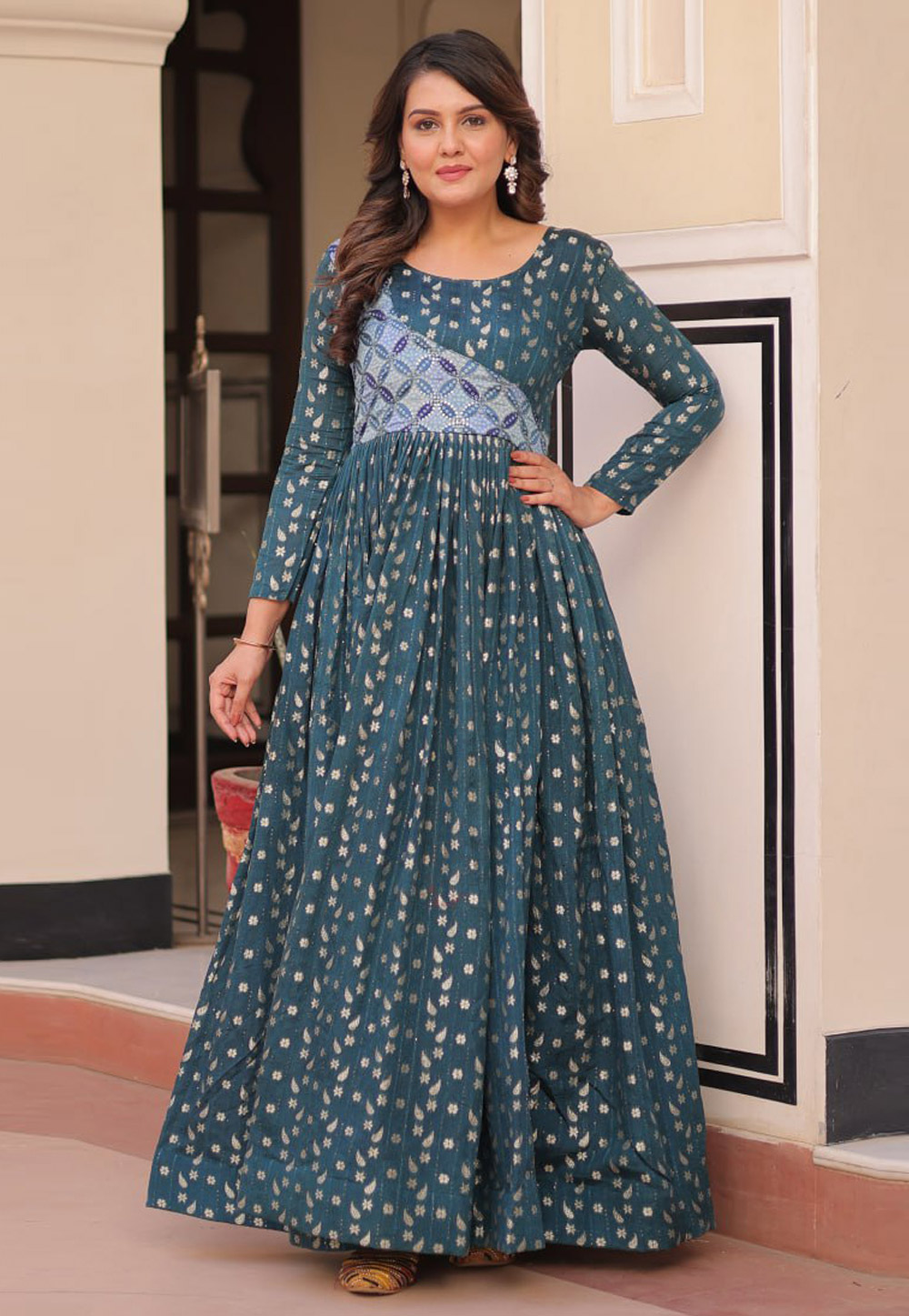 Teal Jacquard Gown 310501