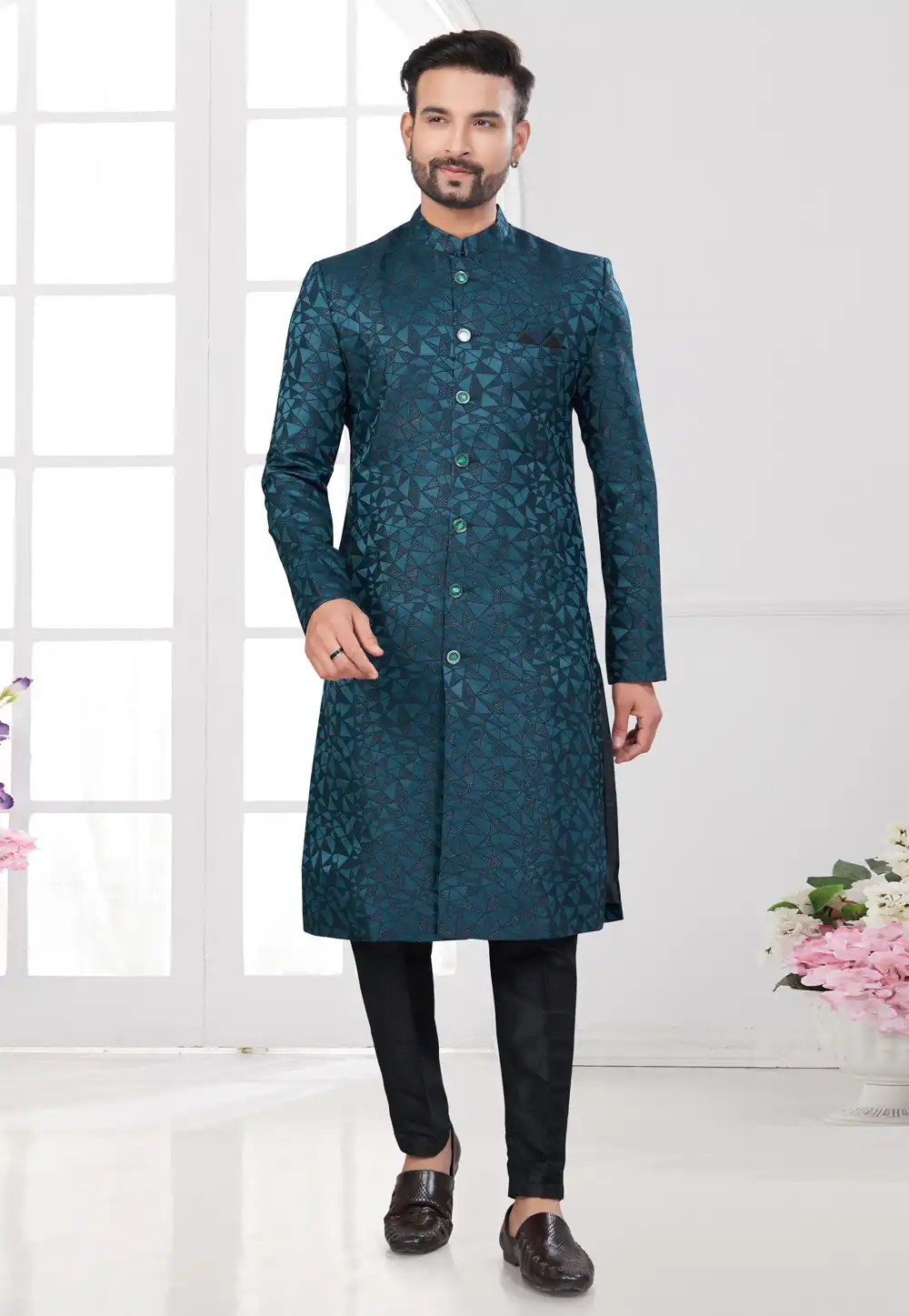 Teal Jacquard Indo Western Suit 294562