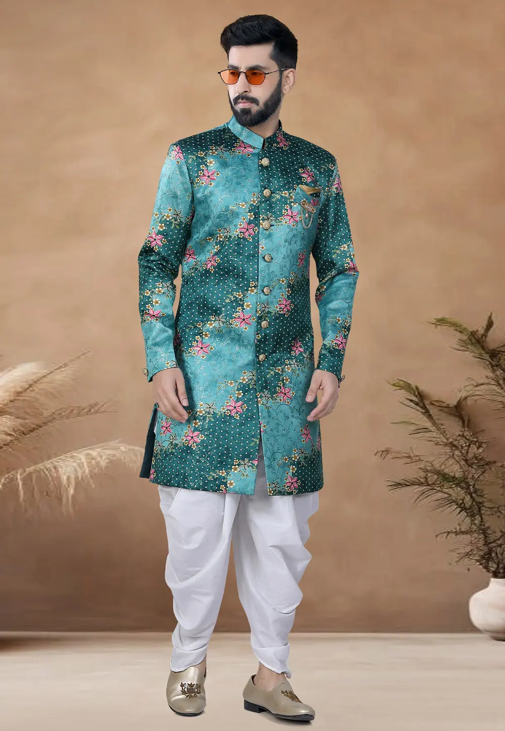 Teal Jacquard Indo Western Suit 298571