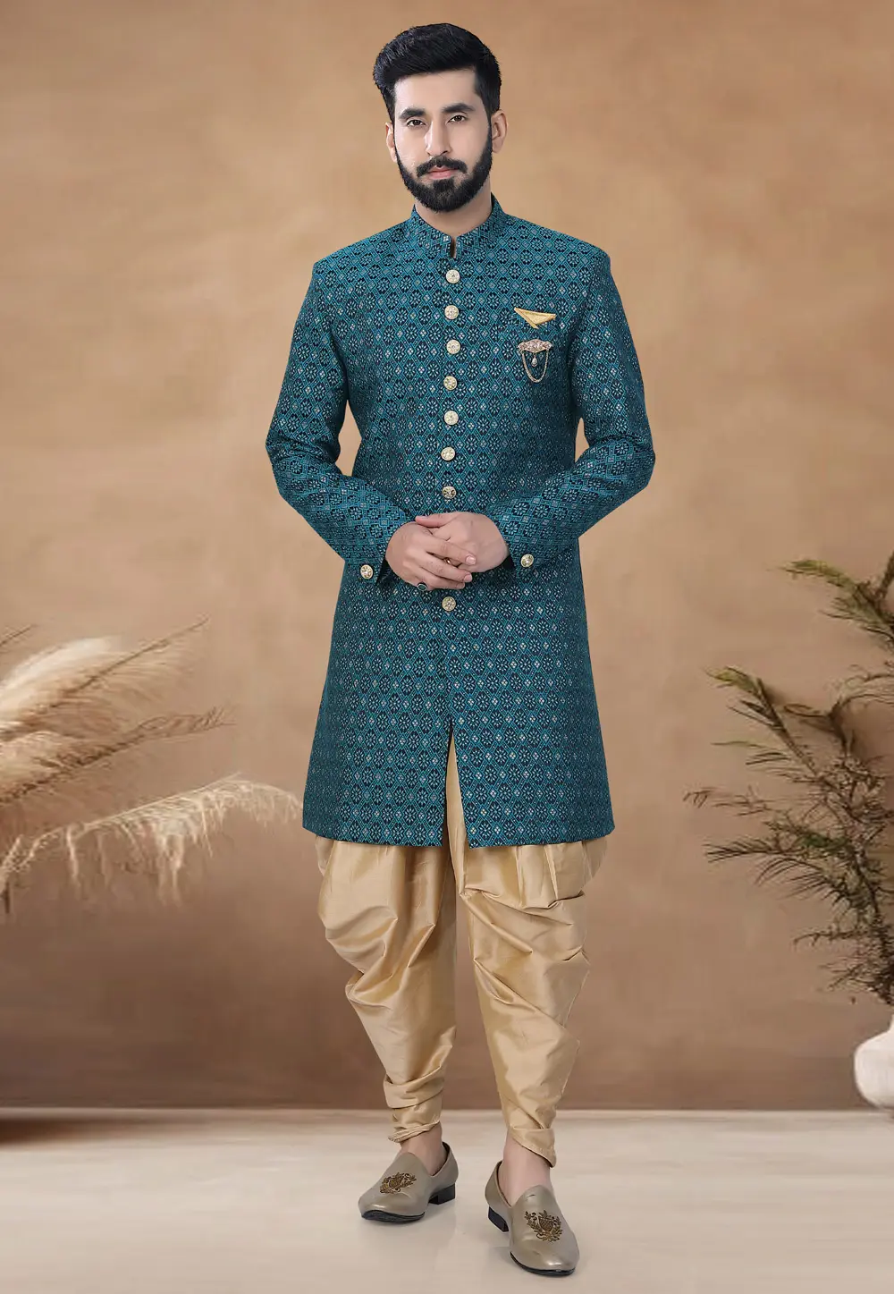 Teal Jacquard Indo Western Suit 298578