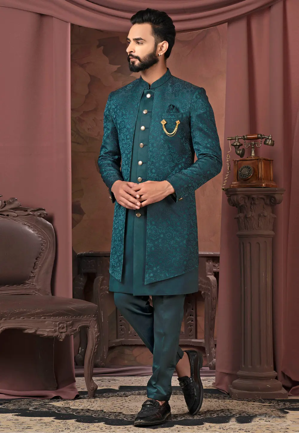 Teal Jacquard Jacket Style Sherwani 302448