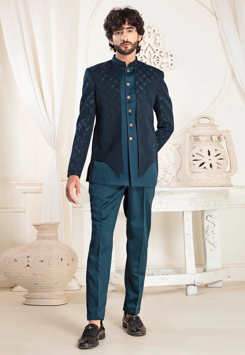 Teal Jacquard Jodhpuri Suit 302146