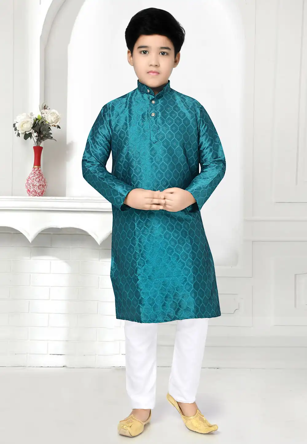 Teal Jacquard Kids Kurta Pajama 293212