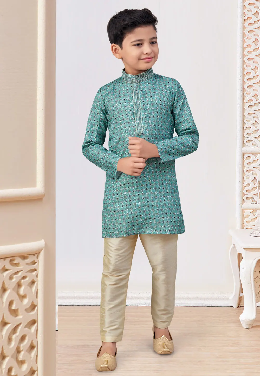 Teal Jacquard Kids Kurta Pajama 301347