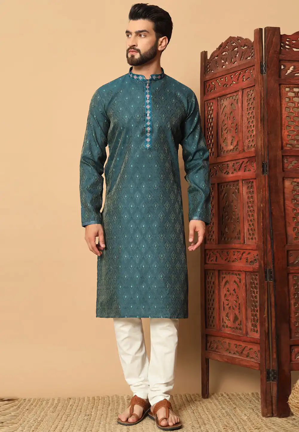 Teal Jacquard Kurta Pajama 293754