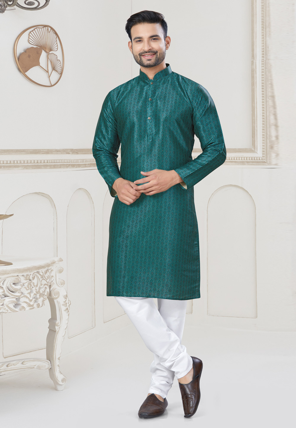 Teal Jacquard Kurta Pajama 304904