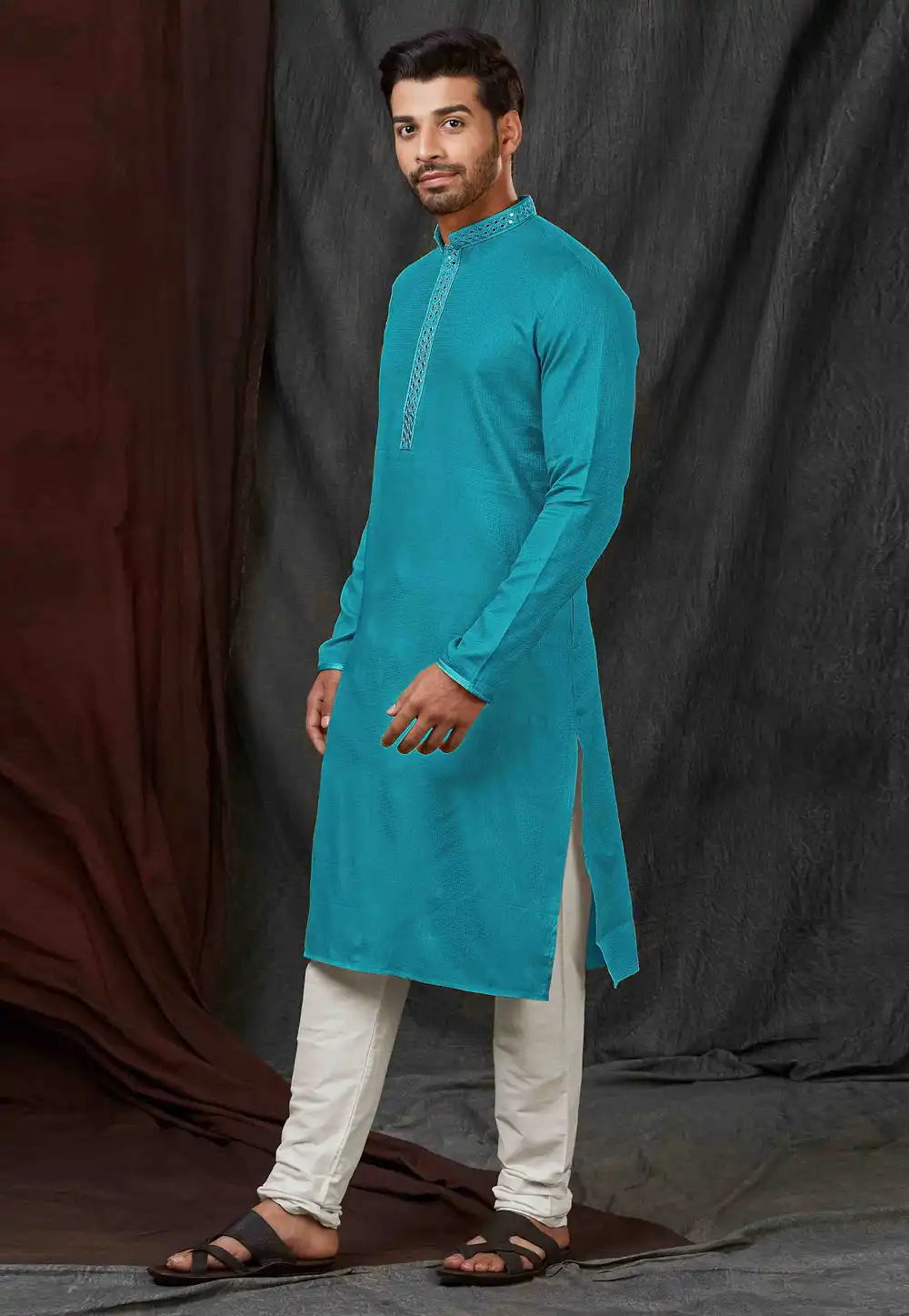 Teal Jacquard Kurta Pajama 288879