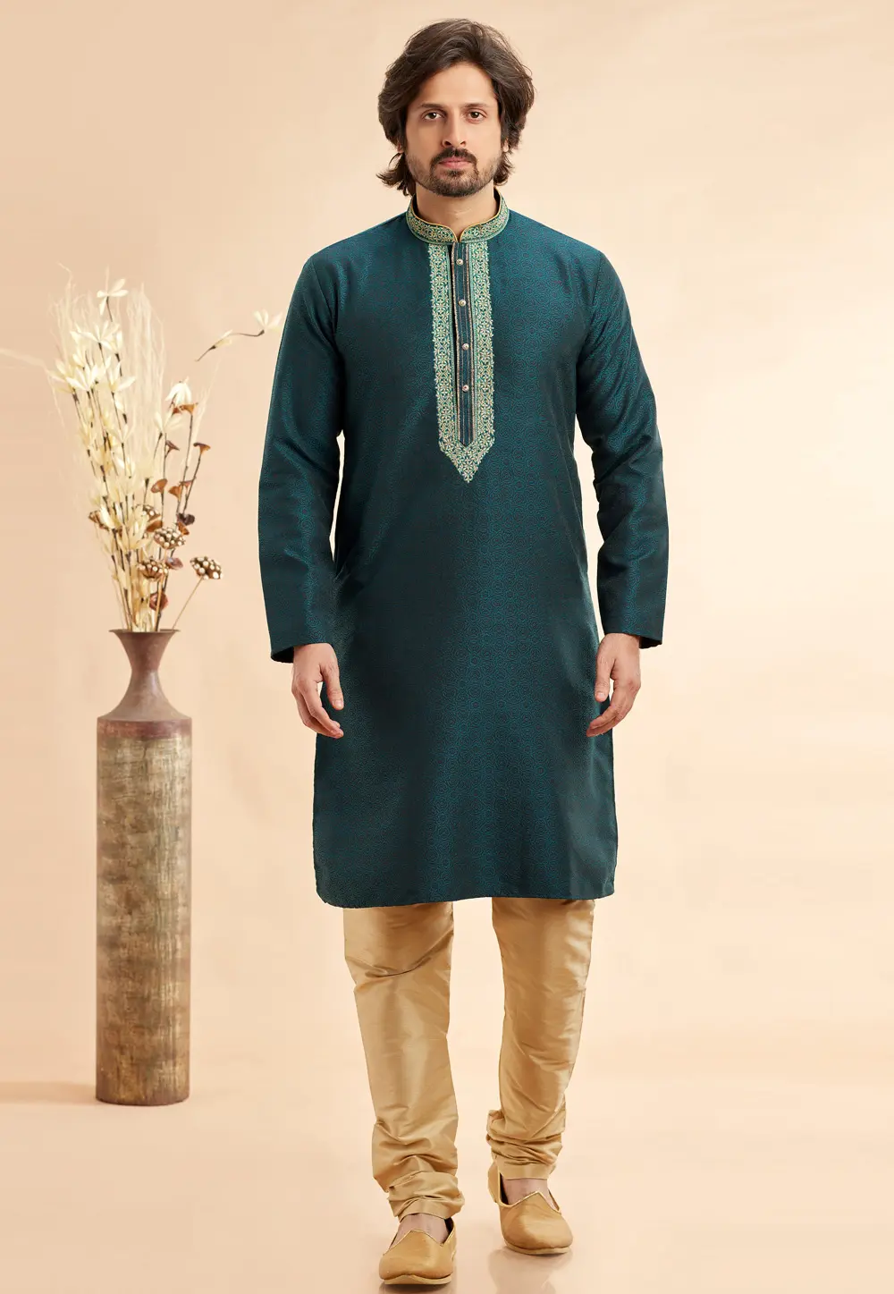 Teal Jacquard Kurta Pajama 297499