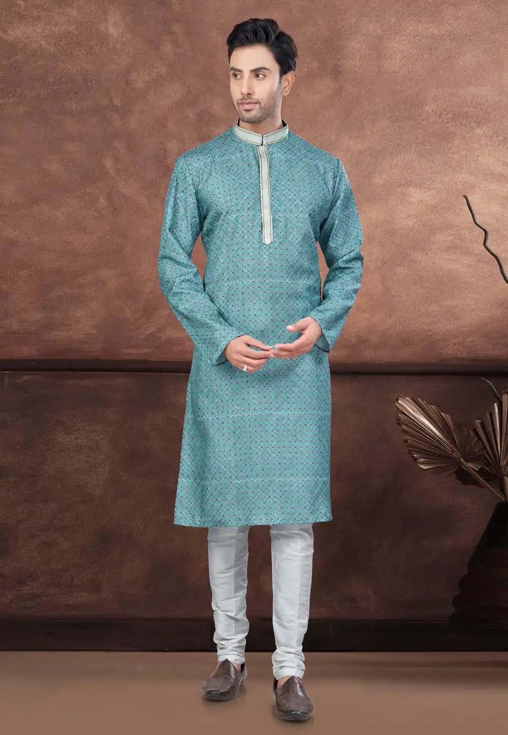 Teal Jacquard Kurta Pajama 294614