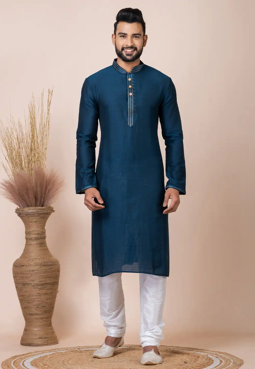 Teal Jacquard Kurta Pajama 293940