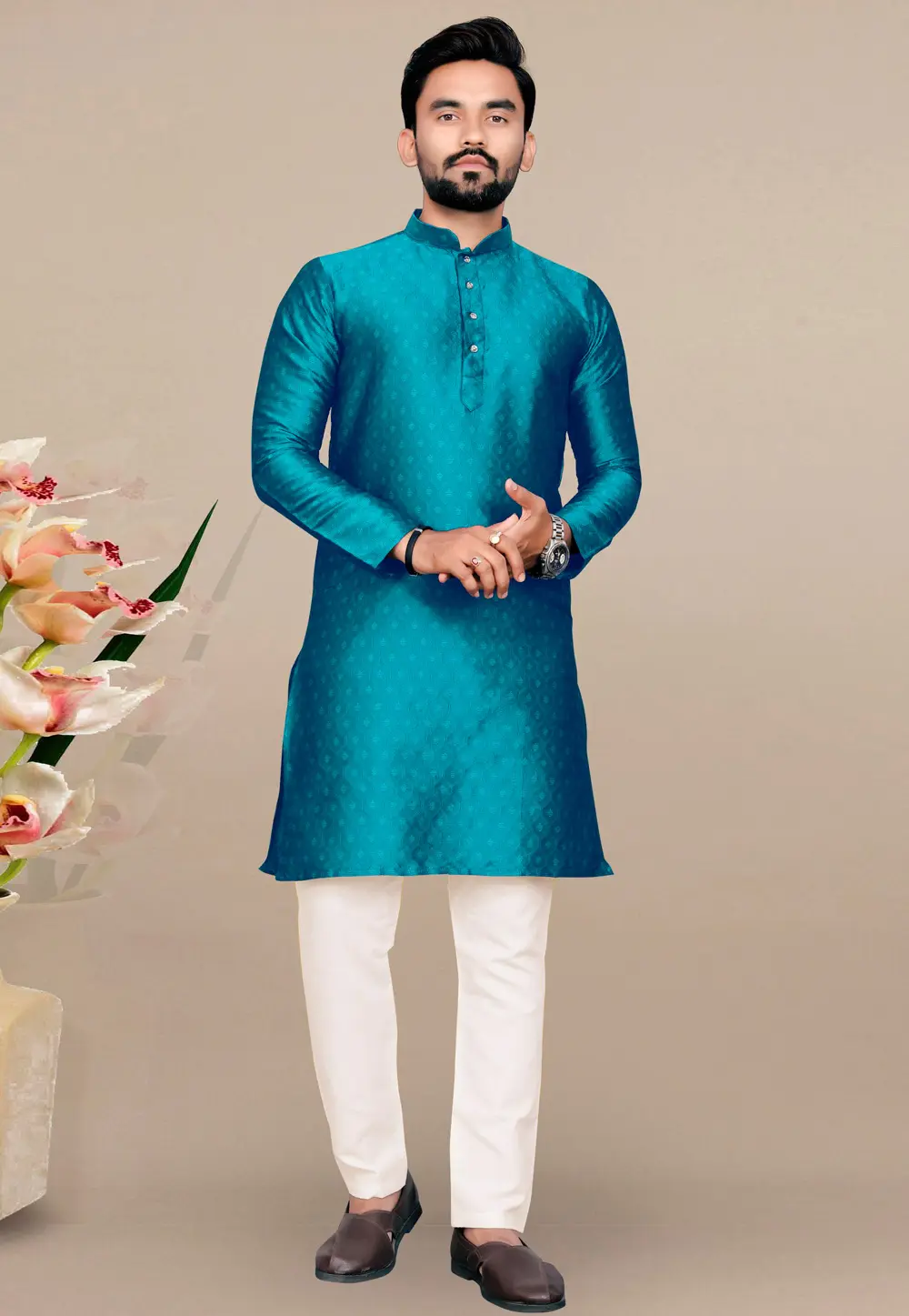 Teal Jacquard Kurta Pajama 293410