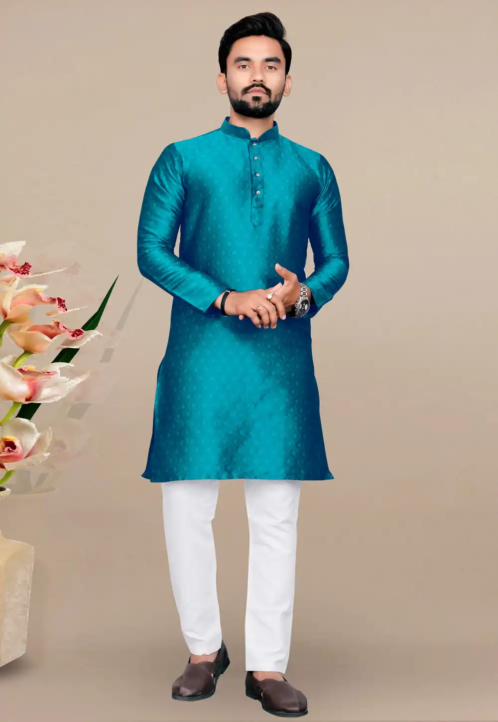 Teal Jacquard Kurta Pajama 293410