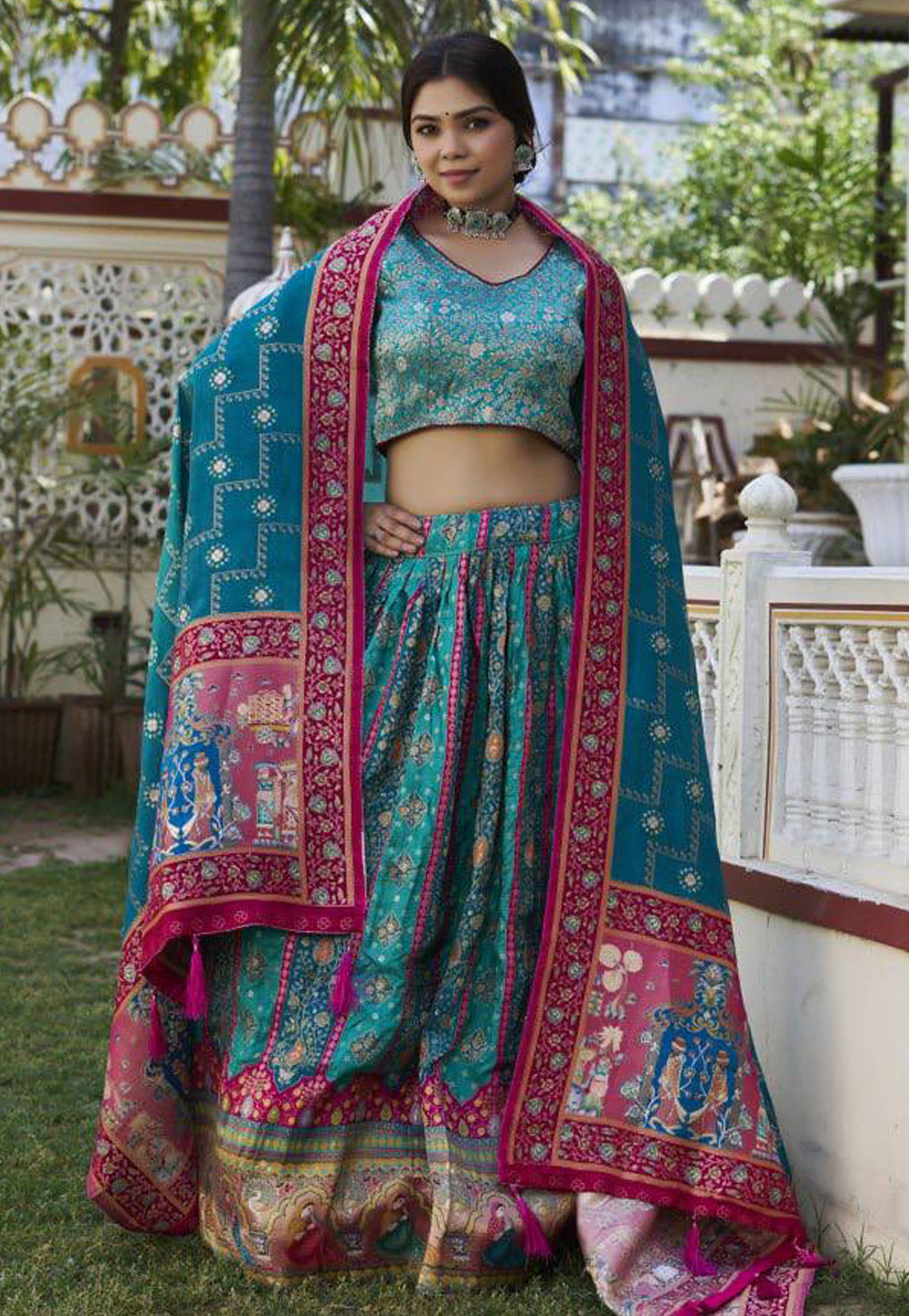 Teal Jacquard Lehenga Choli 310210