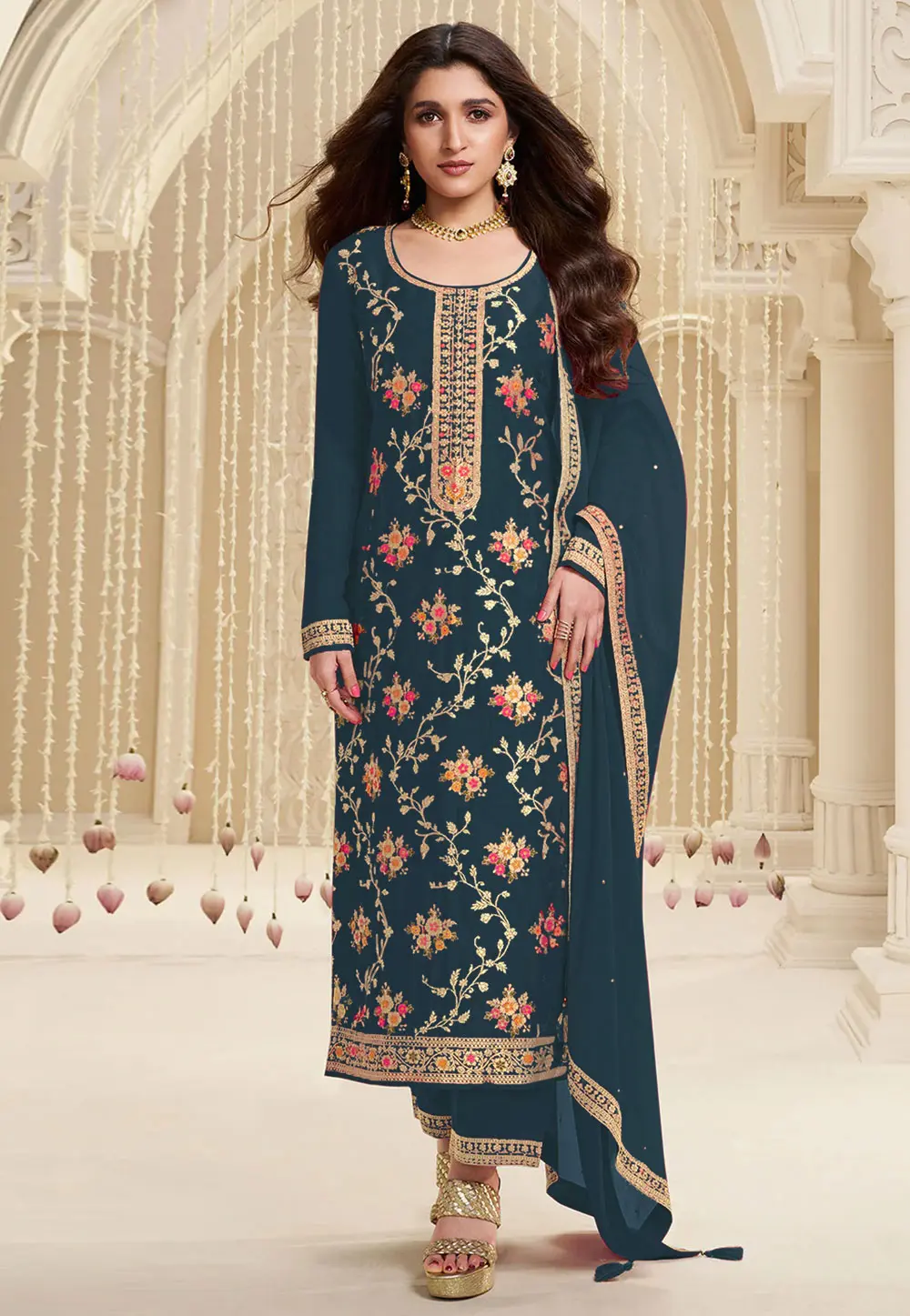 Teal Jacquard Pakistani Suit 301445