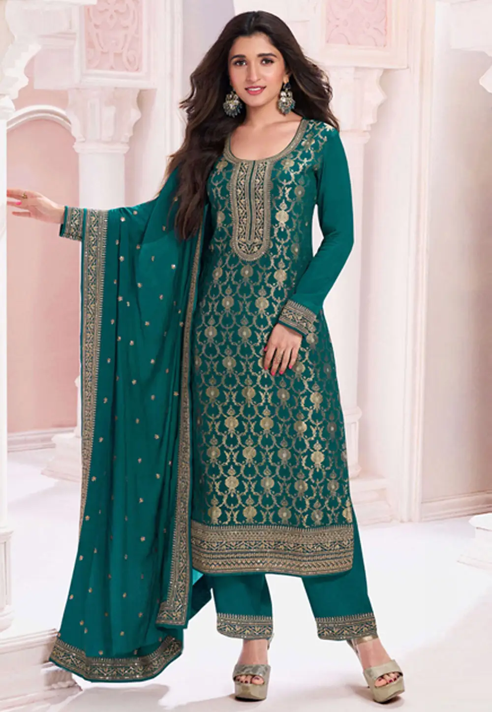 Teal Jacquard Pakistani Suit 298633