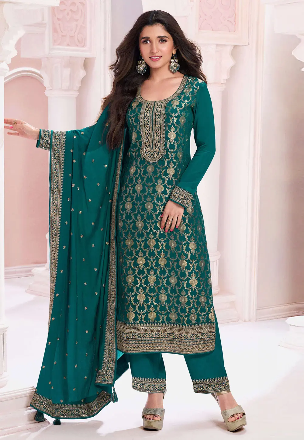 Teal Jacquard Pakistani Suit 298633