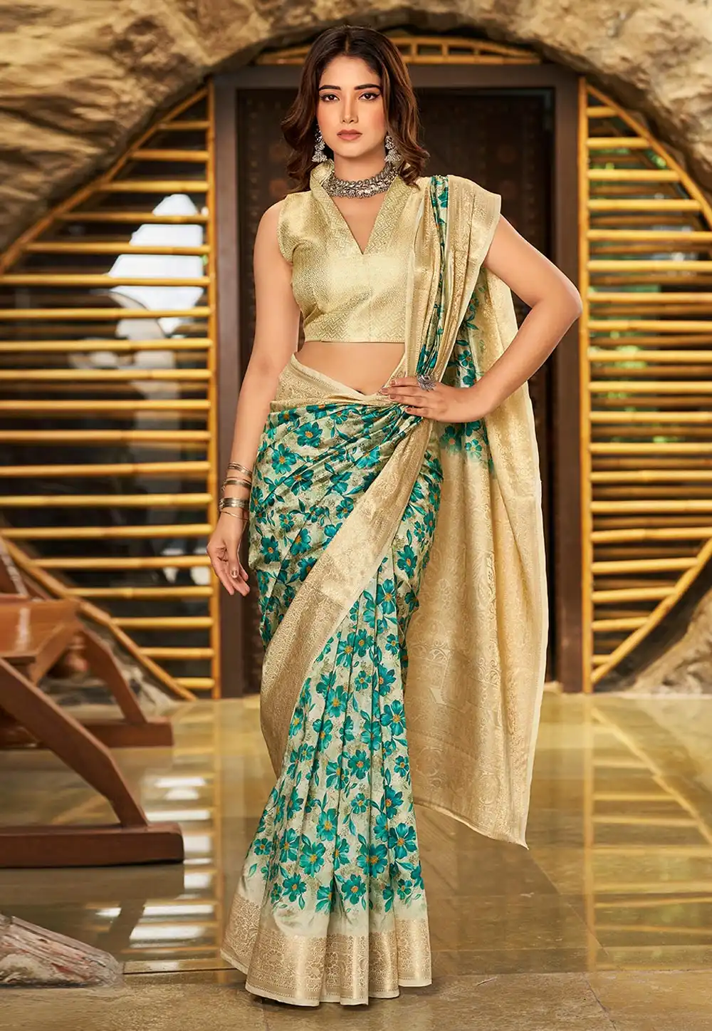 Teal Jacquard Saree With Blouse 288773