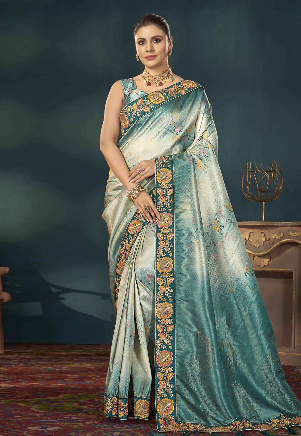 Teal Jacquard Saree With Blouse 287797