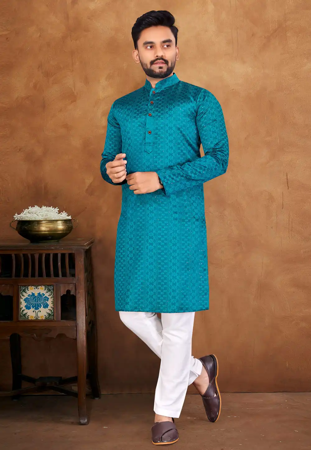 Teal Jacquard Silk Kurta Pajama 293421