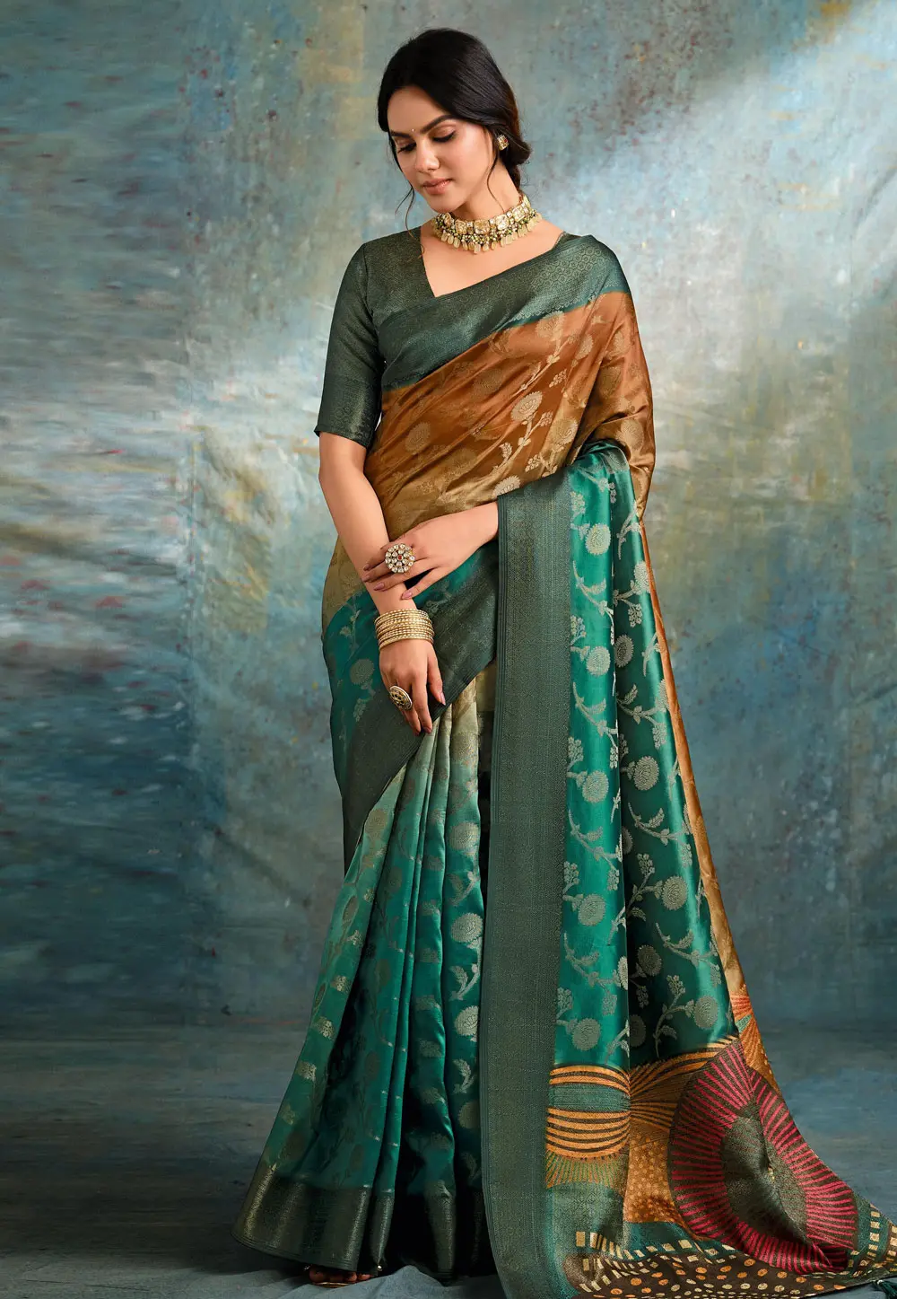 Teal Jacquard Silk Saree With Blouse 302250