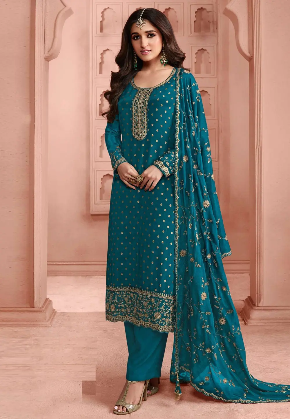 Teal Jacquard Silk Straight Suit 301266