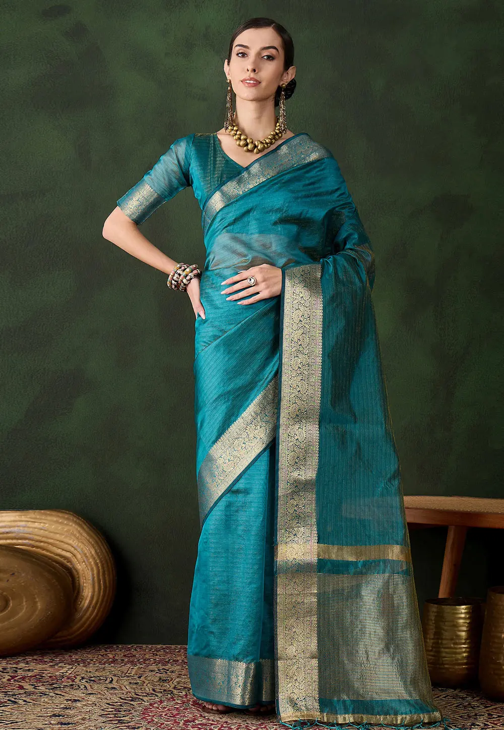 Teal Khadi Saree With Blouse 299396