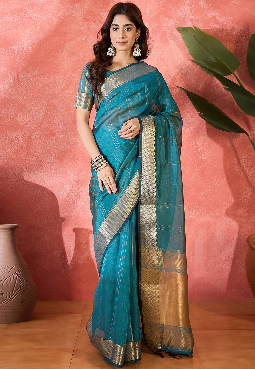 Teal Khadi Saree With Blouse 309142