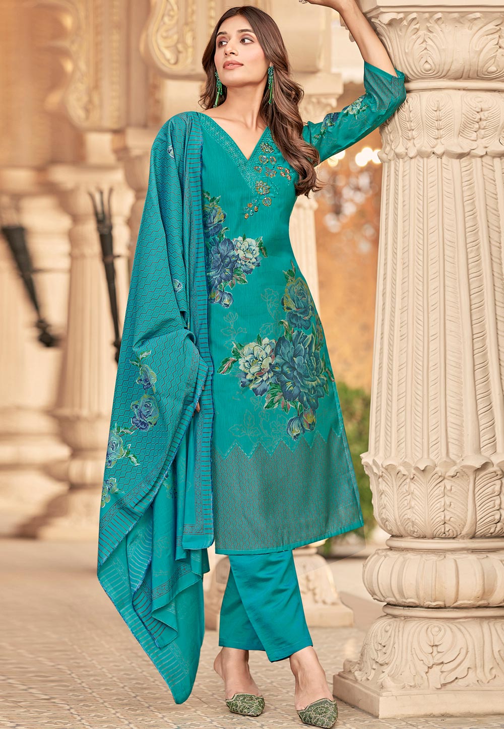 Teal Muslin Pakistani Suit 311054