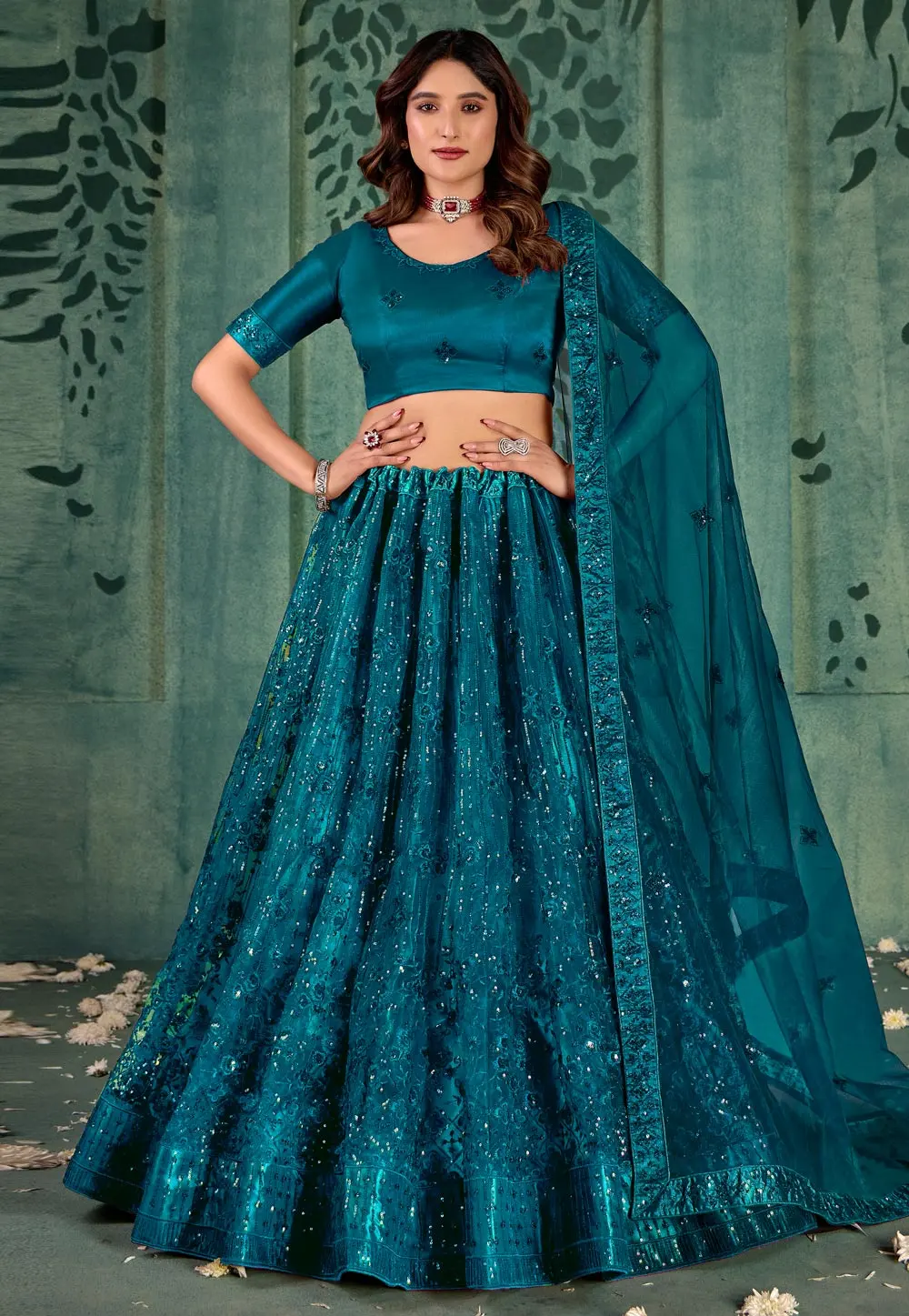 Teal Net Circular Lehenga Choli 302726