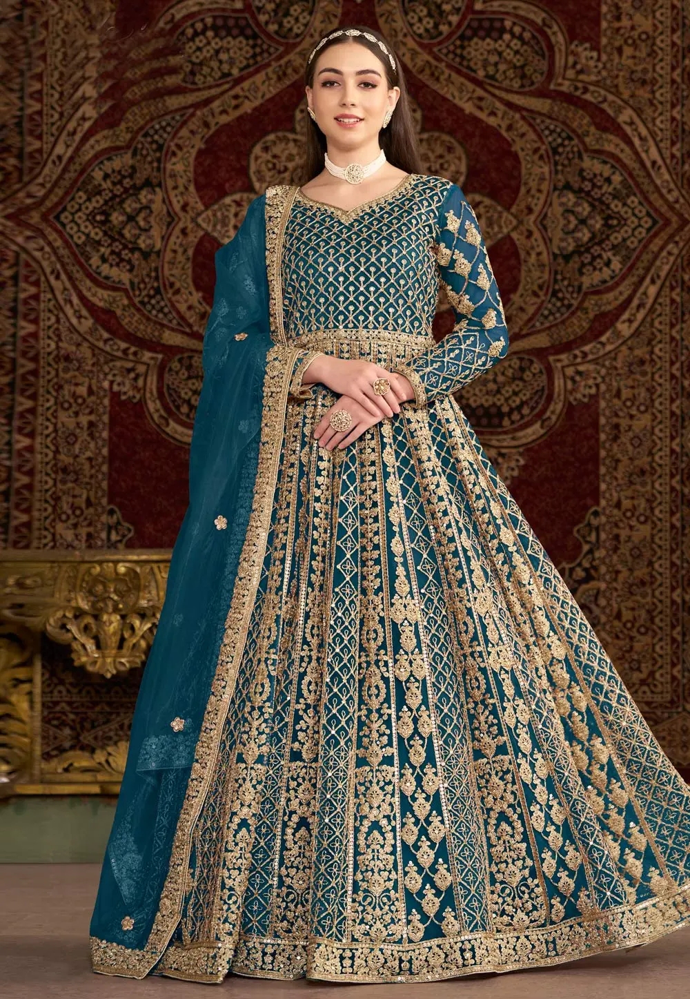 Teal Net Embroidered Anarkali Suit 299151