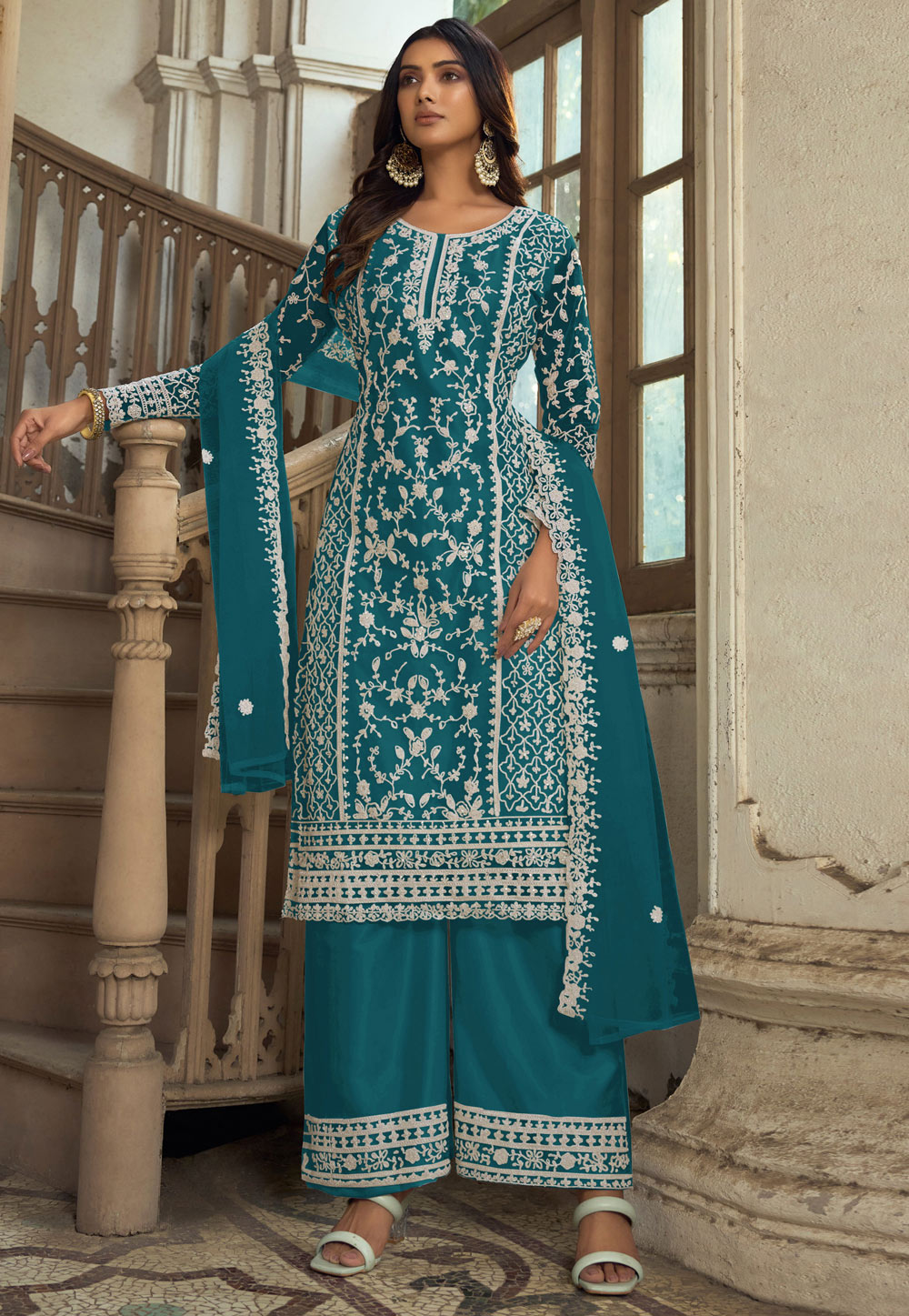 Teal Net Embroidered Palazzo Suit 278510