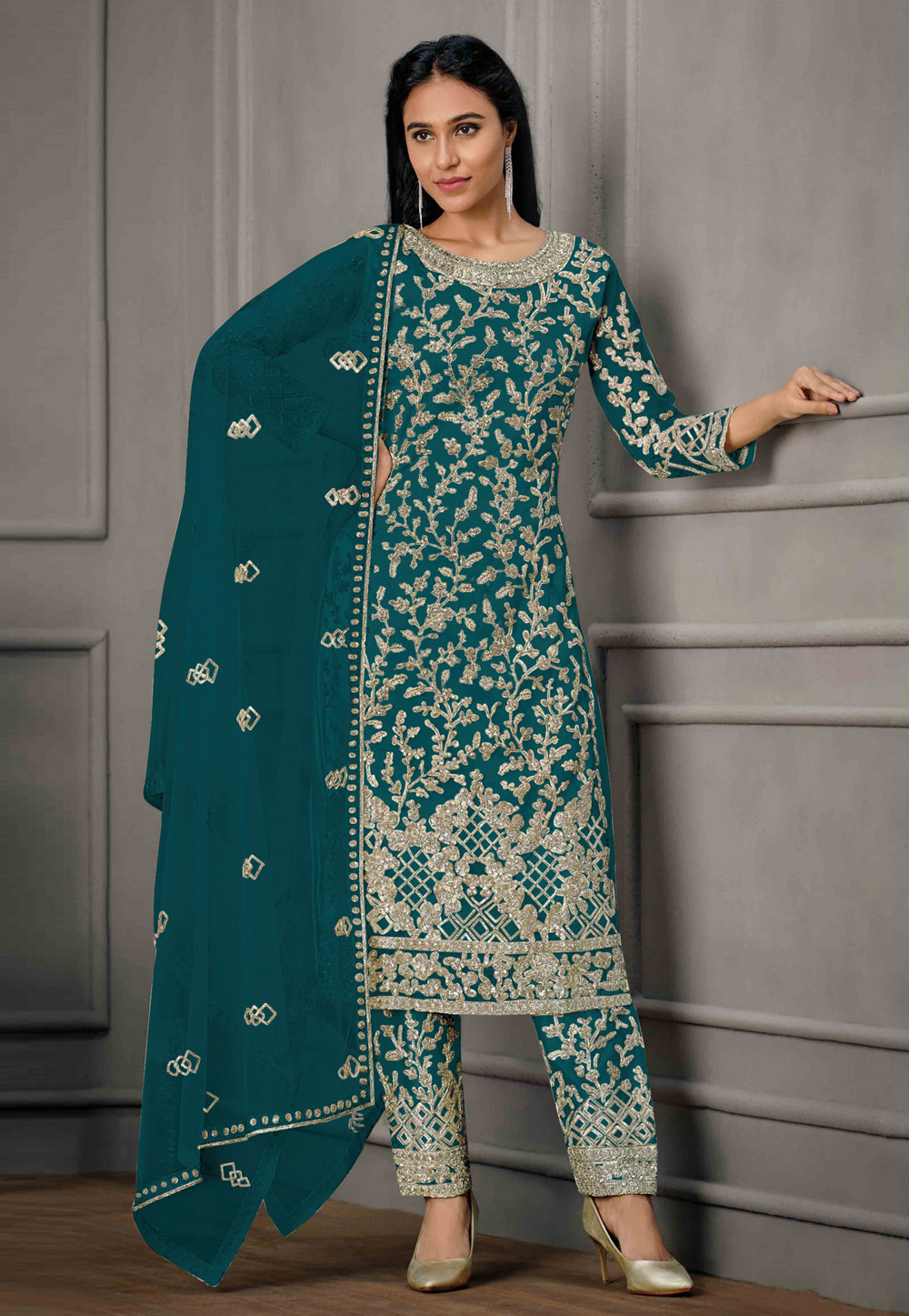 Teal Net Embroidered Pant Style Suit 279188