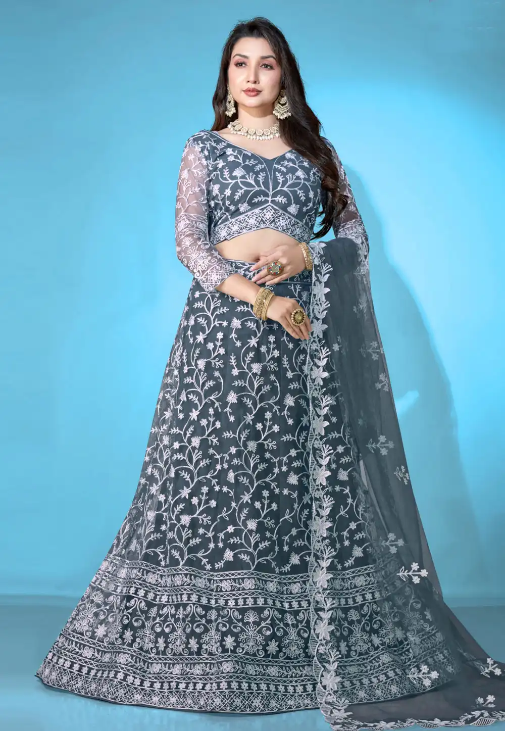 Teal Net Lehenga Choli 294070