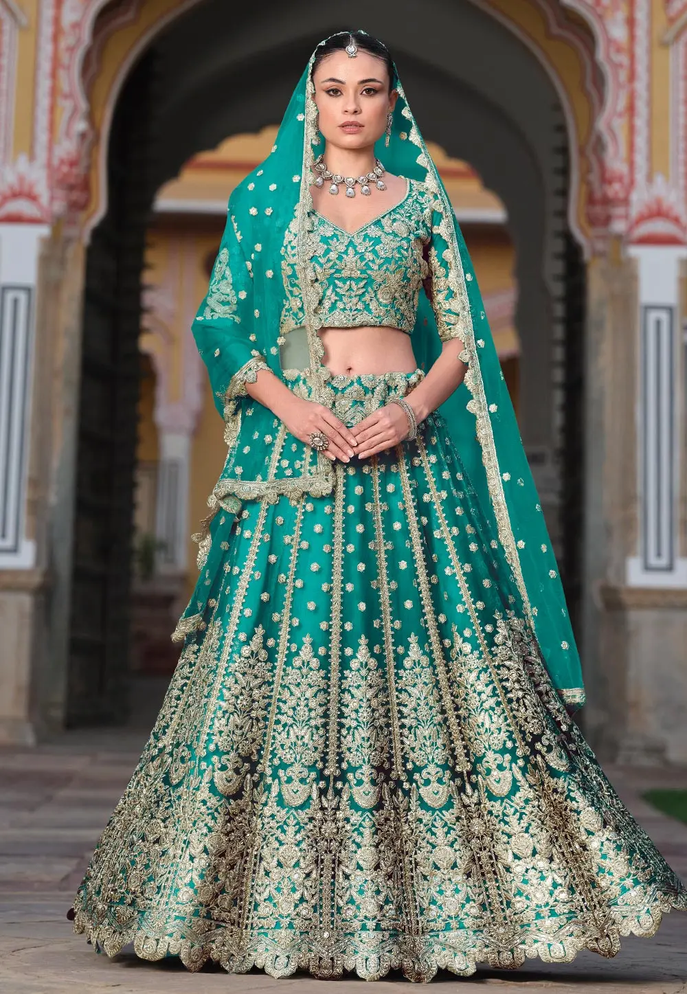 Teal Net Lehenga Choli For Wedding 301455