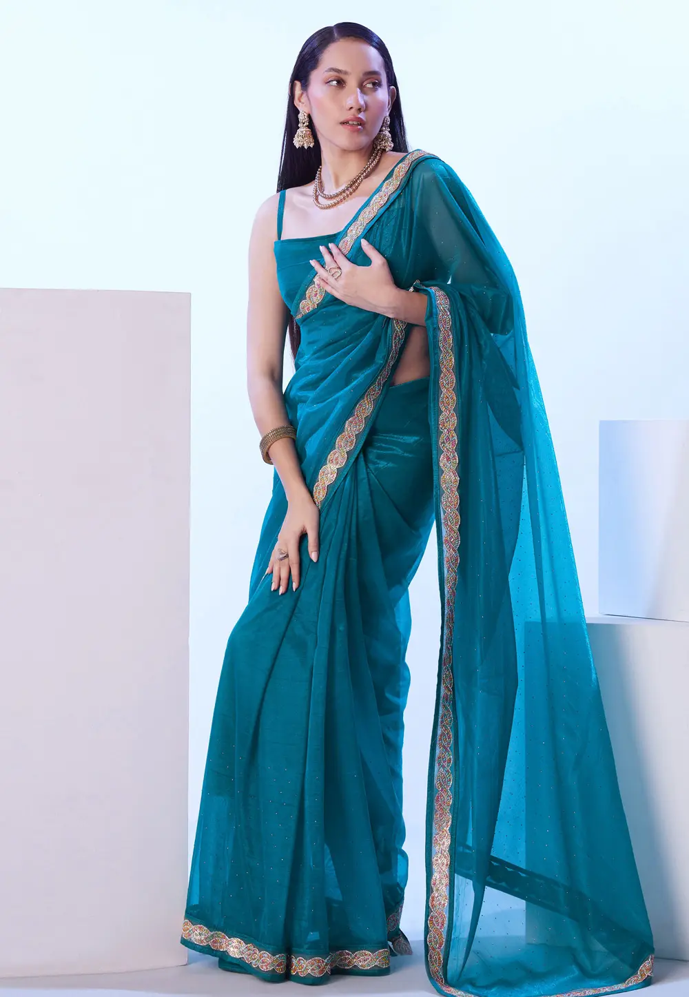 Teal Net Saree With Blouse 302816