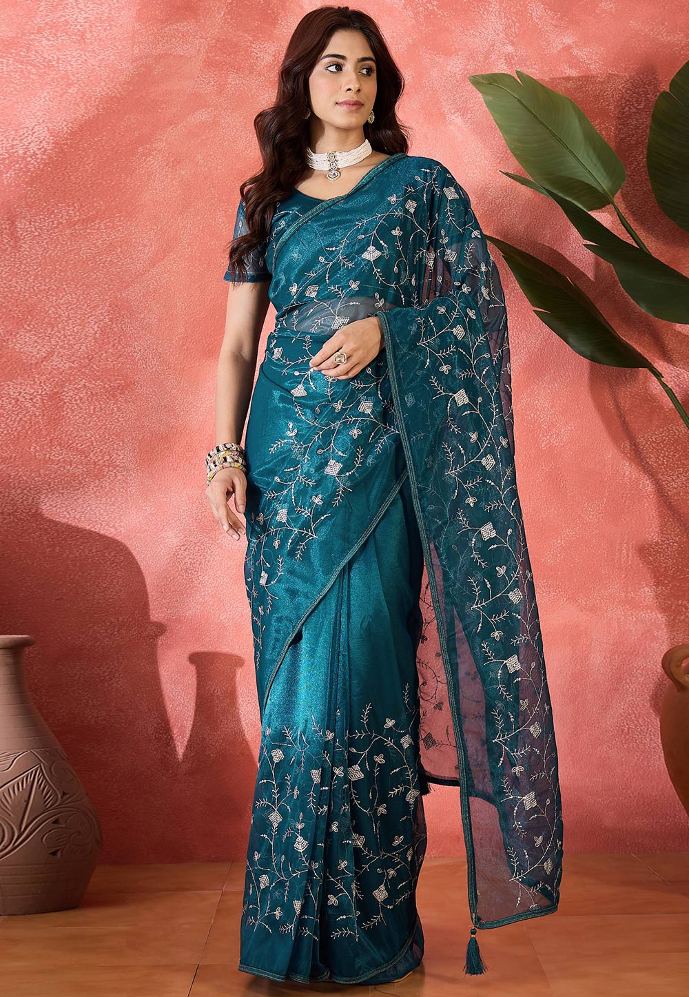 Teal Net Saree With Blouse 310684