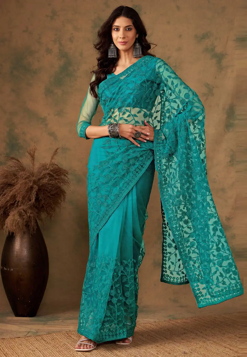 Teal Net Saree With Blouse 289767