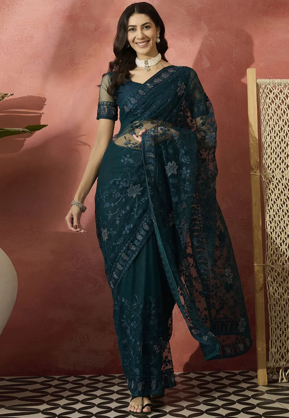 Teal Net Saree With Blouse 304676