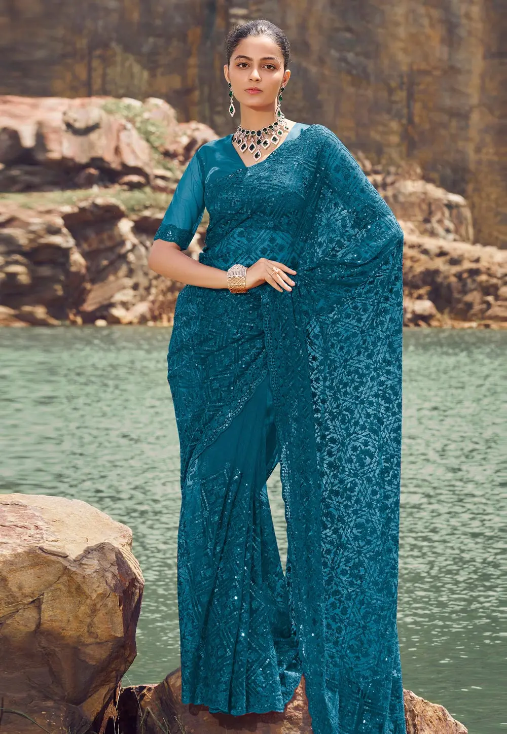 Teal Net Saree With Blouse 301933