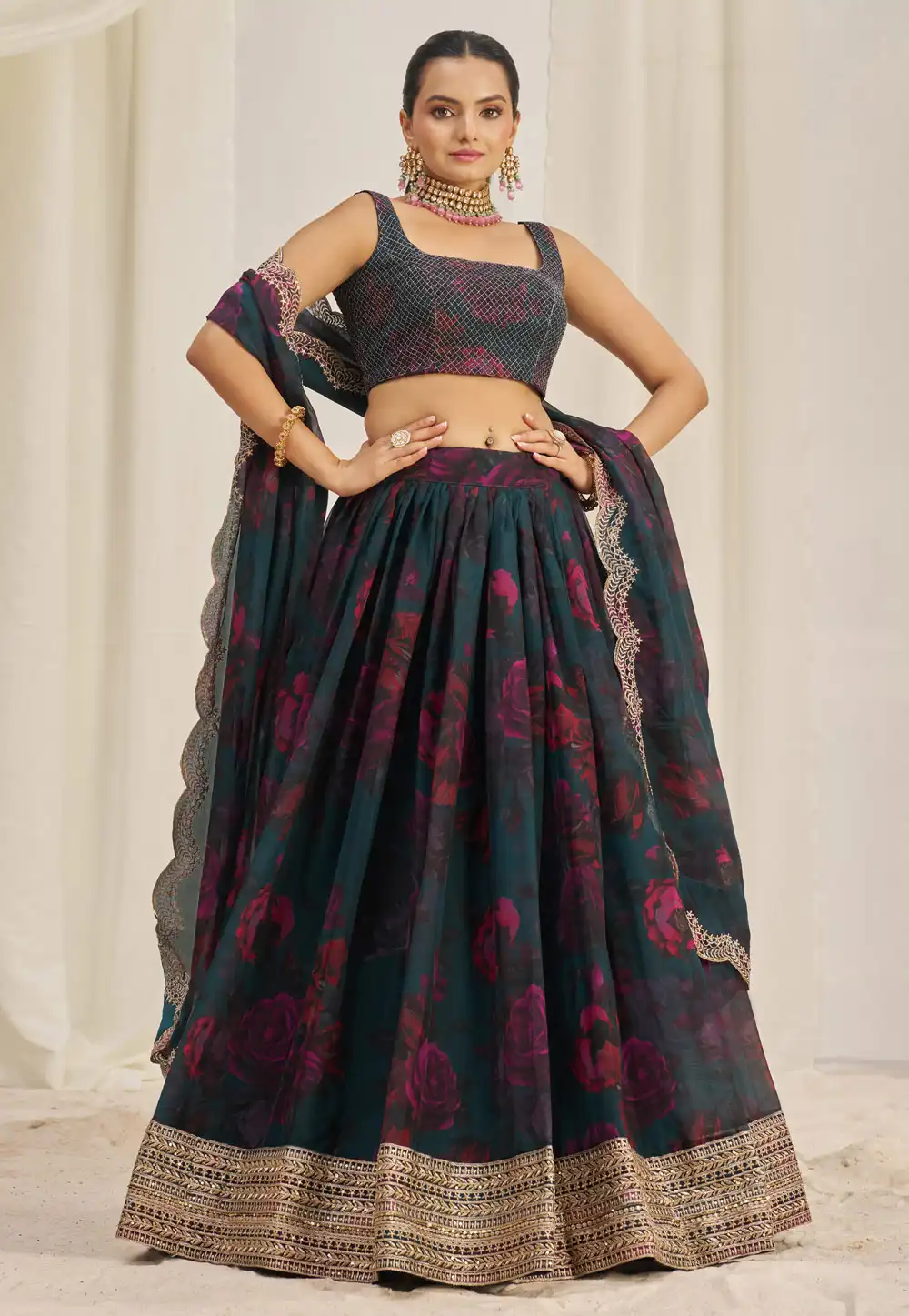 Teal Organza Floral Lehenga choli 294440