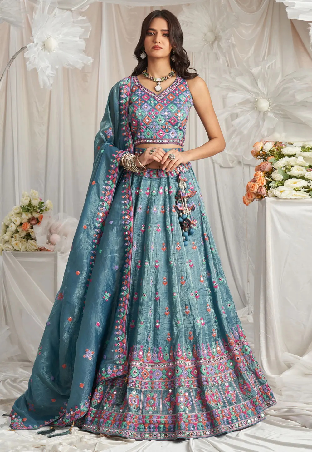 Teal Organza Lehenga Choli 297328