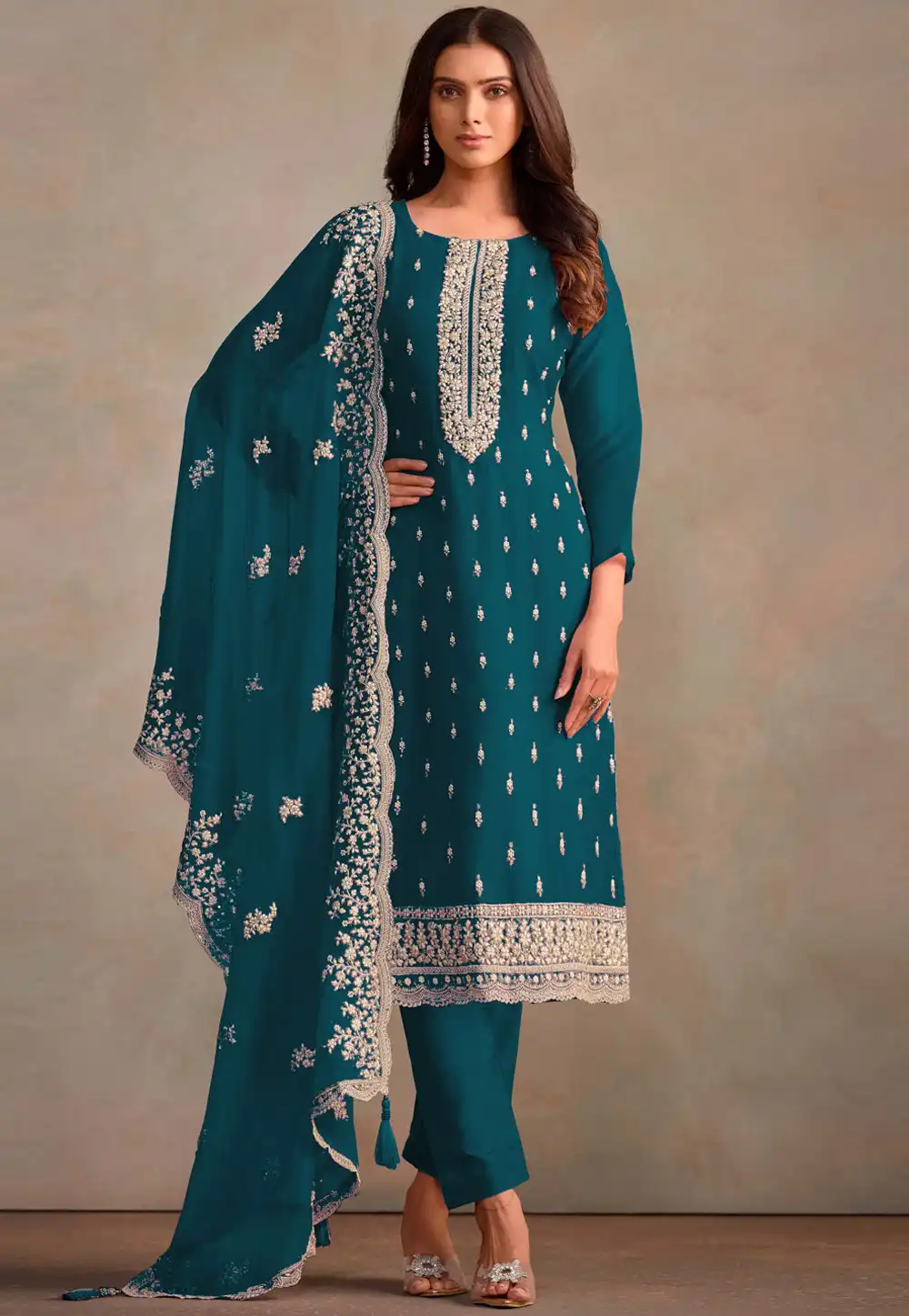 Teal Organza Pakistani Suit 295142