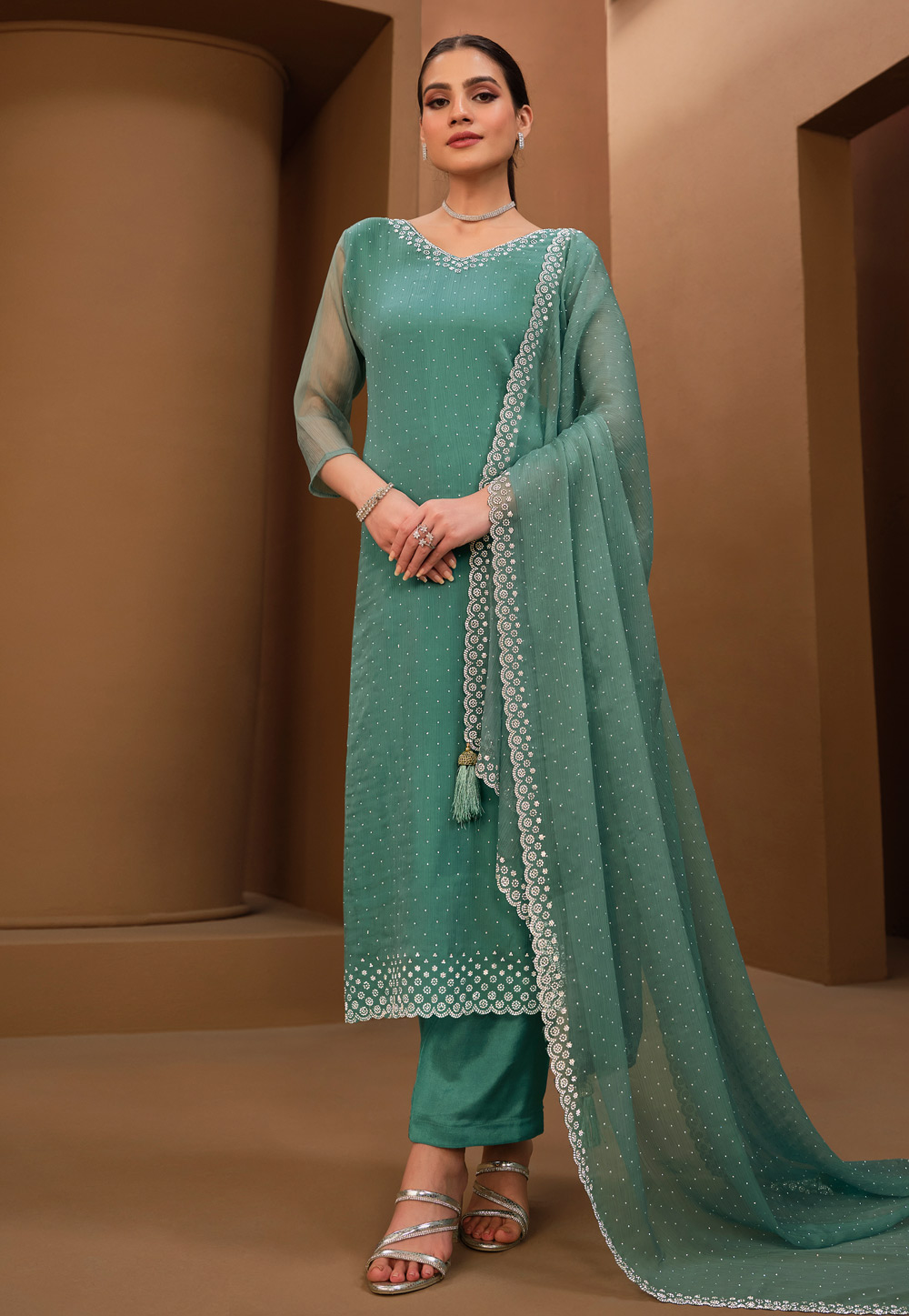 Teal Organza Pant Style Suit 285026